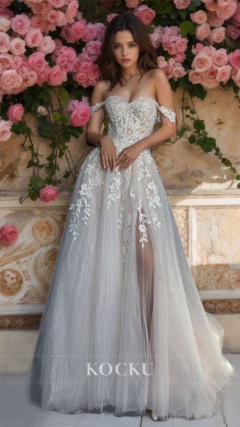 This elegant off-shoulder wedding dress features a sweetheart neckline and A-line silhouette, adorned with delicate lace and stunning appliques. The high split train adds a touch of glamour while providing ease of movement. Perfect for the modern bride seeking a romantic and sophisticated look on her special day. True Bride, Homecoming Formal Dresses, Off Shoulder Wedding Dress, Timeless Wedding Dress, Bridal Dresses Lace, Mother Wedding Dress, Sweetheart Wedding Dress, A Line Wedding Dress, Ivory Wedding Dress