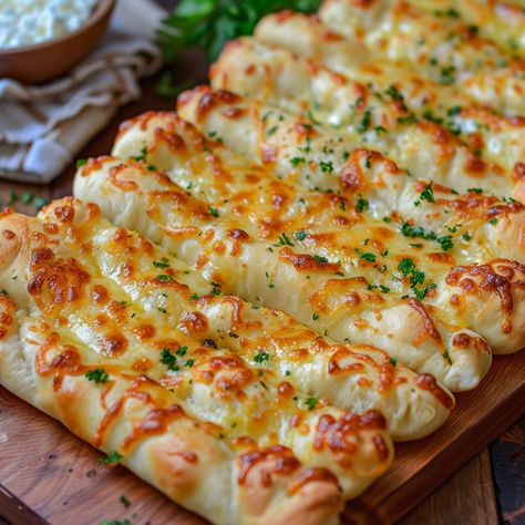 Cheesy Garlic Breadsticks - Good For Recipes Cheesy Garlic Knots Recipe, Cheesy Garlic Sticks, Garlic Twist Breadsticks, Cheesy Rolls Recipes, Pizza Hut Cheese Breadsticks, Bread Finger Food, Cheese Breadsticks Recipe, Cheeses Breadsticks, Heavy Appetizer Recipes