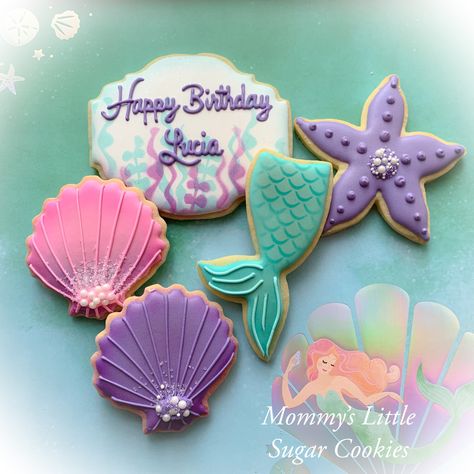 Mermaid Theme Cookies Decorated, Barbie Mermaid Cookies, Sea Shell Cookies Decorated, Mermaid Birthday Party Cookies, Mermaid Birthday Cookies Decorated, Starfish Cookies Decorated, Shell Cookies Decorated, Mermaid Cookies Ideas, Mermaid Decorated Cookies