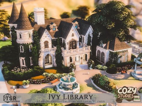 The Sims Resource - Cozy Studies - Ivy Library - No CC Sims 4 Chimney, Sims 4 Library Cc, English Library, Library Architecture, City Library, Sims 1, Cc Sims, Sims 4 Houses, Sims House