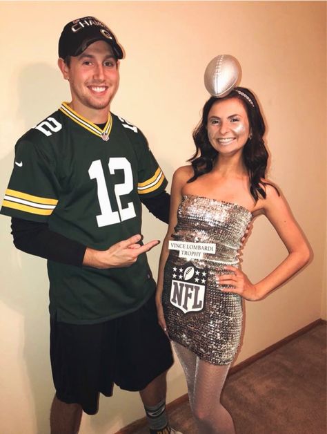 Aaron Rodgers, Vince Lombardi trophy, Green Bay packers, Halloween couples costume Nfl Couples Costume, Fantasy Football Halloween Costume, Football Halloween Costume Couple, College Couples Costumes Halloween, Despicable Me Couple Costume, Trophy Costume Halloween, Sport Couple Costumes, Football Couple Halloween Costumes, Basketball Couple Costumes