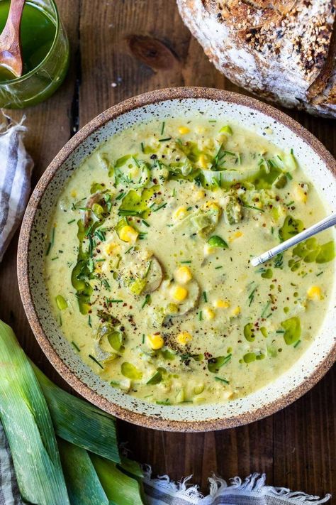 Cozy up with a bowl of this Coconut Corn Chowder with Leeks- a simple, comforting meal that can be made in under 30 minutes. Vegan and Gluten-free! #cornchowder #vegancornchowder #vegansoup Coconut Corn Chowder, Coconut Corn, Vegan Corn Chowder, Feasting At Home, Leek Recipes, Potato Chowder, Corn Chowder Recipe, Chowder Recipes, Corn Chowder