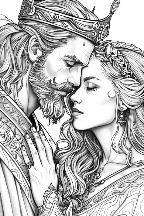 Step into a world of magic and royalty with this grayscale coloring page featuring a fantasy couple—a majestic king and queen! Perfect for adults, this detailed illustration captures the regal elegance and intricate details of their royal attire. Bring this enchanting scene to life by adding depth and color to the grayscale shading. Download and print for hours of creative and relaxing coloring enjoyment! 👑🎨✨  #ColoringPage #FantasyCouple #KingAndQueen #GrayscaleColoring #Printable #AdultColorin Hades Coloring Page, Couple Coloring Pages For Adults, Face To Face Couple, Grayscale Shading, Realistic Coloring Pages, Queen Coloring Pages, Royal Attire, Imprimibles Harry Potter, Queen Drawing