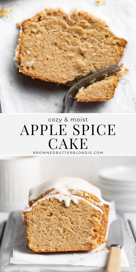 Say hello to your new favorite Fall cake. A delicious apple spice cake with the perfect blend of warm, cozy spices. Full of fresh apple flavor and drizzled with a simple cinnamon glaze. | Browned Butter Blondie Easy Apple Spice Cake Recipe, Spice Loaf Cake, Plums Recipes, Friendship Soup, Apple Spice Cake Recipe, Spice Pound Cake, Orange Spice Cake, Cinnamon Glaze, Baking Therapy