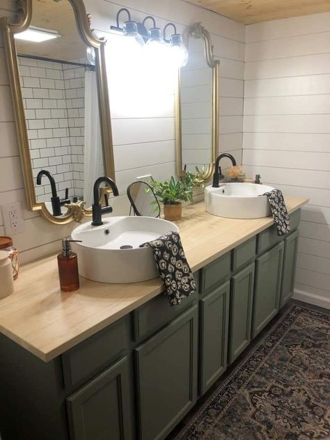 Butcher Block In Bathroom Master Bath, Green Bathroom Vanity With Butcher Block, Above Vanity Sink, Wood Top Bathroom Vanity, Butcher Block Vanity Top Bathroom, Butcher Block Countertops Bathroom, Two Sink Vanity Ideas, Wood Countertops Bathroom, Old Vanity Makeover