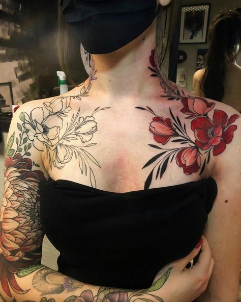 Whole Tattoo, Chest Tattoo Flowers, Chest Neck Tattoo, Nouveau Tattoo, Flower Tattoo Shoulder, Chest Tattoos For Women, Chest Piece Tattoos, Red Ink Tattoos, Tatuaje A Color