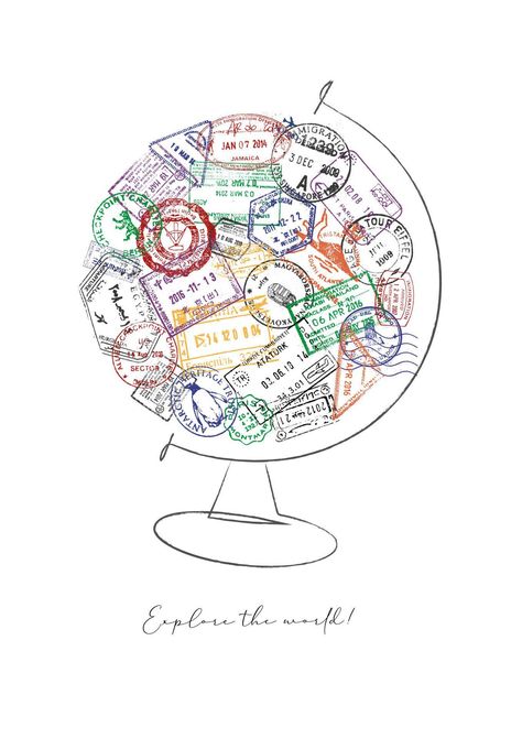 Globe made from a passport stamps different countries with lettering explore the world Travel Collage, Passport Stamps, Travel Icon, Letter Stamps, Art Appreciation, Different Countries, Explore The World, Cute Cartoon Wallpapers, Travel Journal