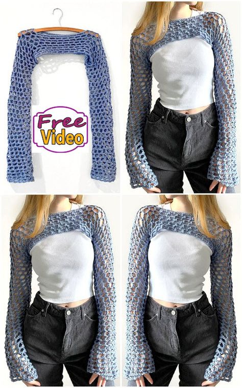 Make a Stylish Statement Fishnet Sleeves Shrug Crochet Fishnet Sleeves Pattern, Crochet Bell Sleeve Shrug, Crochet Shrug With Sleeves, Crochet Mesh Shrug Pattern, Crochet Shoulder Shrug Free Pattern, Shrug Pattern Crochet, Fishnet Sleeves Crochet, Crochet Fishnet Top Pattern Free, Shrug Pattern Free