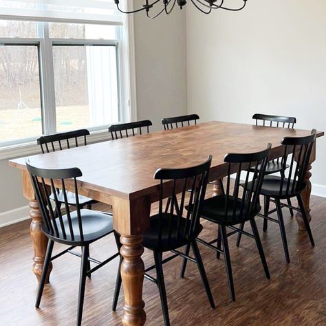 Our classic dining set is definitely modern farmhouse. An 8' L x 42" W Rustic Alder Table Stained Early American with 8 Black Lexington Chairs. Black Stained Farmhouse Table, Williamstown Kentucky, Dark Wood Dining Table, Wooden Kitchen Table, Dark Table, Real Wood Furniture, Bar Tops, Stained Table, Rustic Chair