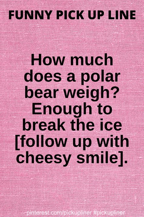 How much does a polar bear weigh? Enough to break the ice [follow up with cheesy smile].  #pickupline #cheesy Corny Pick Up Lines, Cheesy Smile, Pick Up Line Jokes, Funny Pick, Pick Up Line, Pick Up Lines Funny, Pickup Lines, Pick Up Lines, The Ice