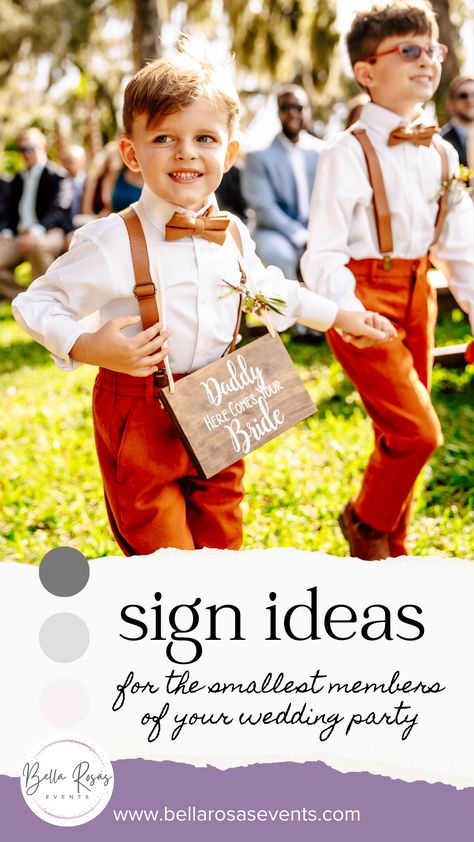 Two small boys dressed in matching outfits, posing as ring bearers at a wedding. One boy is carrying a wood ring bearer sign that says "Daddy Here Comes Your Bride". Wedding Sign Ideas, Ring Bearer Sign, Ring Bearer Signs, Bride Sign, Wood Wedding Signs, Handmade Wood Signs, Still Single, Single Ring, Sign Ideas