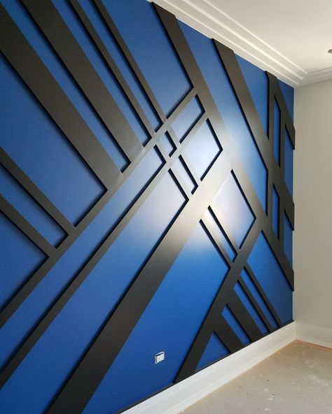 💙🖤 Accent wall for boys room. Perfectly executed by the talented team @nevadoplaster @globalconstructionny Blue And Gray Accent Wall, Gamer Accent Wall, Accent Wall Teen Bedroom, Boys Room Wall Ideas, Boys Bedroom Accent Wall, Fortnite Bedroom Ideas For Boys, Geometric Wall Paint Patterns, Boys Bedroom Wall Color, Boys Room Paint Ideas