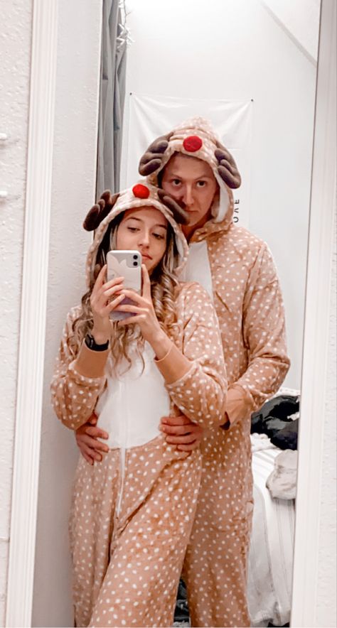 Couple Onesies Christmas, Matching Christmas Onesies, Christmas Onesie Couple, Couples Onesies, Bestie Fits, Deer Onesie, Reindeer Onesie, Christmas Pajama Party, Onesie Ideas