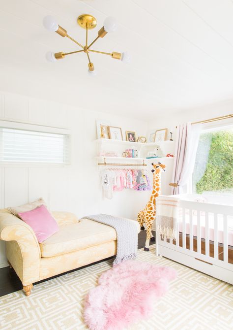 A California couple designed a nursery for their baby girl with bold colors, glamorous textures, and bold pattern play for a truly unique look. Nursery Ideas Luxury, Glamorous Nursery, Colourful Nursery Ideas, Nursery Photography, Glam Nursery, Girl Nurseries, Colourful Nursery, Eclectic Glam, Girly Nursery