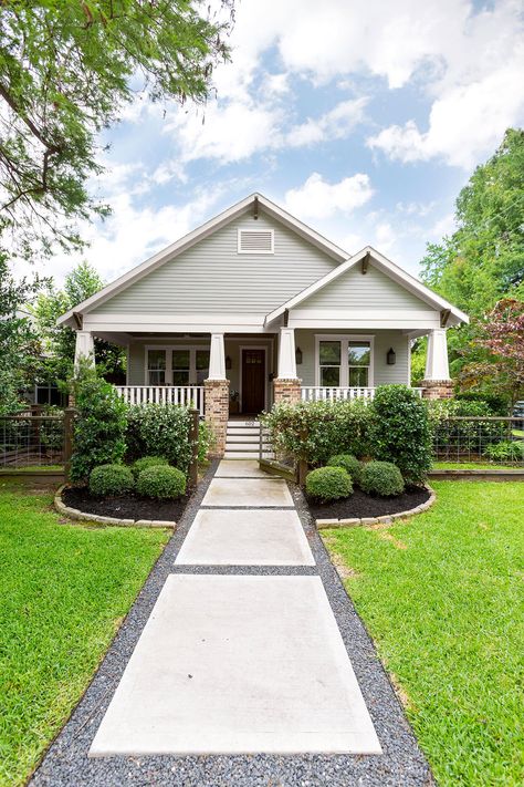 gray-brick-house-white-trim-sidewalk-844346c3 Exterior House Renovation, Ranch House Exterior, Porch Columns, Craftsman Bungalow, Craftsman Exterior, Home Exterior Makeover, Craftsman Style Home, Craftsman Style Homes, Exterior Makeover