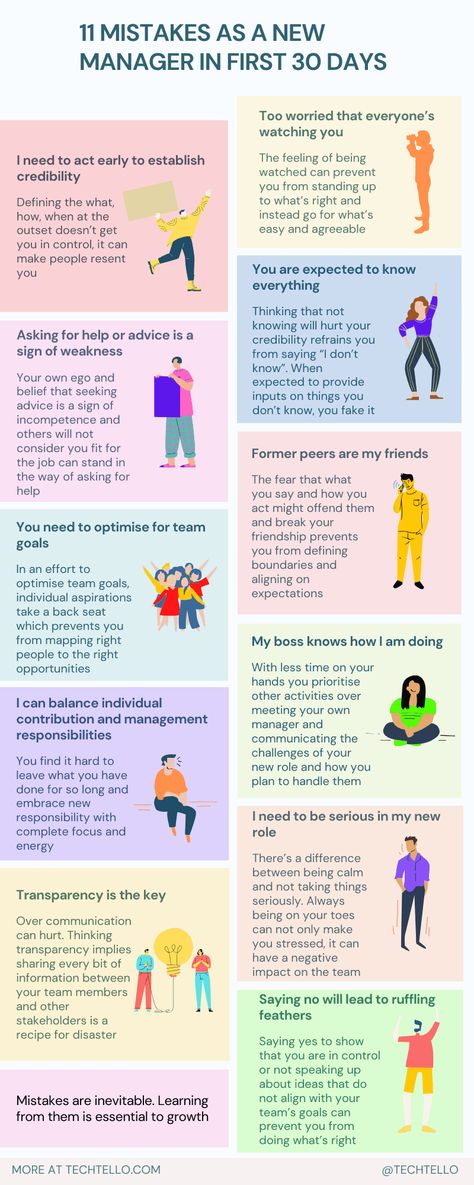 This infographic explains the 11 most common new manager mistakes in the first 30 days on the job. Being able to recognise these mistakes and use them as a means to learn and grow is crucial for the success of a new manager #management #manager #personalgrowth #professionaldevelopment #personaldevelopment #selfimprovement #takeresponsibility #technology #womenintech #awareness #mistakes #learning #growth #success #people First 90 Days Manager, People Management Skills, New Manager Training, First Time Manager Tips, How To Be A Manager, First Time Manager, How To Be A Good Manager, New Manager Tips, Management Tips Leadership