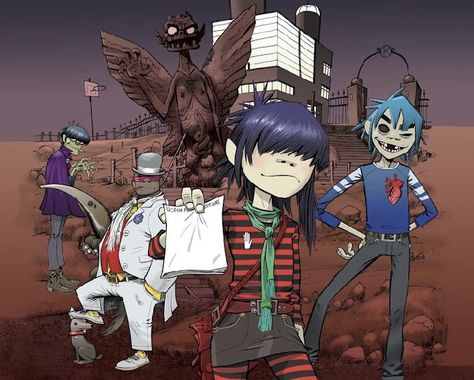 Gorillaz Band Members, Jamie Hewlett Art, Gorillaz Band, Cartoons Band, Gorillaz Fan Art, Russel Hobbs, Demon Days, Monkeys Band, Jamie Hewlett