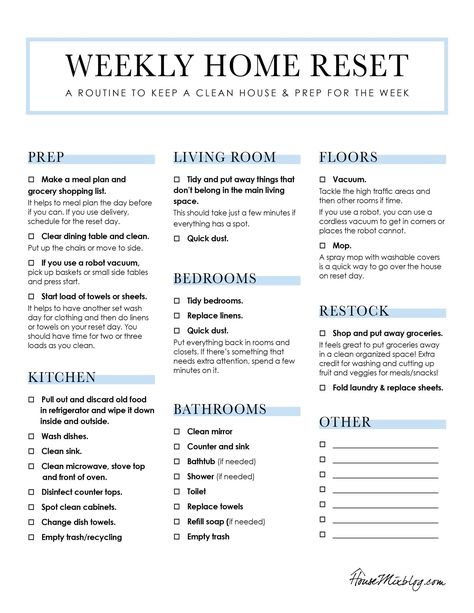 Weekly home clean & reset routine printable – House Mix Clean Routine, Sunday Prep, Household Cleaning Schedule, Reset Routine, Printable House, Cleaning Checklists, Happy Homemaking, Routine Printable, Cleaning Schedule Printable