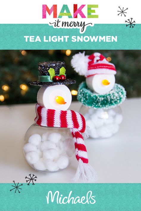 Make your holidays bright with this adorable Tea Light Snowmen project. Learn how to make this and more at michaels.com. Michaels Crafts, Tea Light Crafts, Tea Light Snowman, Diy Schneemann, Tea Diy, Light Crafts, Snowman Crafts, Crafts Christmas, Christmas Crafts For Kids