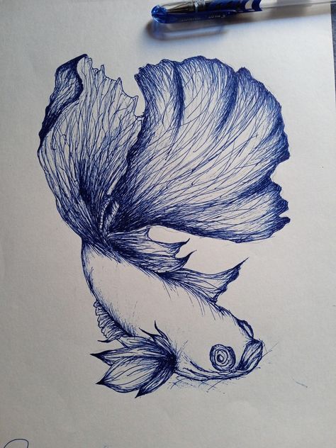 Whale Pen Drawing, Pen Fish Drawing, Underwater Pen Drawing, Fish Pen Drawing, Pen Drawings Aesthetic, Blue Pen Drawing, Siamese Fish, Black Pen Sketches, Pen Arts