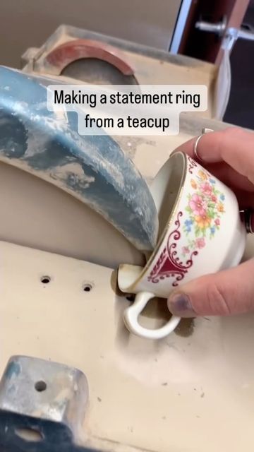 Hollinger Designs on Instagram: "Here’s how I made a statement ring from a teacup I bought at goodwill for a dollar. #beforeandafter #statementjewelry #ring #diy #reels #doityourself #tutorials #lapidary #silversmith #teacup #jewelryaddict #broken #fun #howto #howitsdone #dumbanddumber #handmade #sterling #sterlingsilver #jewelersofinstagram #seattle #seattlecoffee #nwrockhounds #homemade #homemadecrafts #crafty" Broken Teacup, Teacup Ring, Tea Cup Jewelry, Seattle Coffee, Teacup Crafts, Broken China, Homemade Crafts, Glass Rings, Diy Necklace