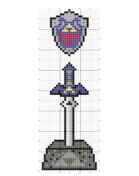 PDF Pattern to make a Legend of Zelda themed bookmark. Bookmark has the Master Sword and pedestal and Hylian Shield from Breath of the Wild. Digital Document includes floss chart with colour, symbol, number, and name as well as full colour pattern, colour and symbol pattern, and symbol only pattern. Pattern is 27 stitches wide by 78 stitches high. Twilight Princess Pixel Art, Legend Of Zelda Pixel Art Grid, Zelda Bookmark, Pixel Art Bookmark, Legend Of Zelda Pixel Art, Legend Of Zelda Cross Stitch, Zelda Cross Stitch Pattern, Link Pixel Art, Zelda Pixel Art