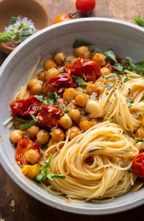 Wandering Chickpea, Recipes Summer Dinner, Pasta Summer, Roasted Chickpea, Slow Roasted Tomatoes, Italian Breakfast, Chickpea Pasta, Roasted Tomato, Vegan Pasta