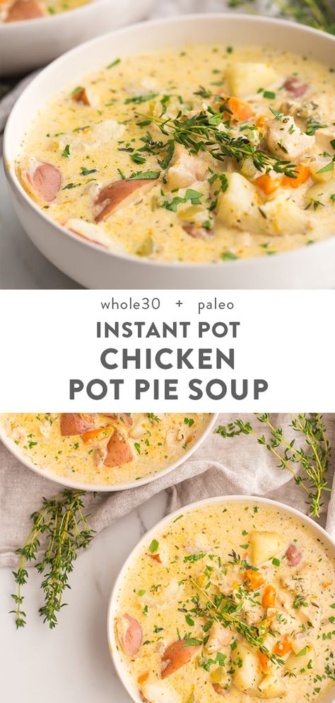 This healthy chicken pot pie soup is super rich, creamy, and comforting. Made in the Instant Pot, it's paleo, Whole30, dairy free, and gluten free, too, without skimping on any flavor. This healthy soup comes together in about 30 minutes and is good enough to eat all week! #soup #whole30 Healthy Chicken Pot Pie Soup, Chicken Pot Pie Soup Recipe, Paleo Soups, Healthy Chicken Pot Pie, Creamy Chicken Pot Pie, Paleo Soup, Chicken Pot Pie Soup, Pot Pie Soup, Avocado Dip