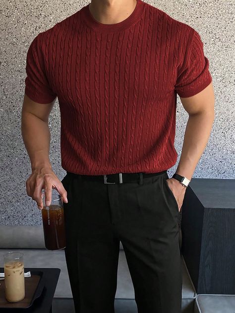 Men's Plain Short Sleeve Knit Top With Cable Flower Pattern, Round Neck Red Casual  Short Sleeve Fabric Plain  Slight Stretch  Men Clothing, size features are:Bust: ,Length: ,Sleeve Length: