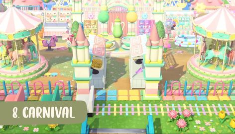 Animal Crossing Carnival, Acnh Carnival Ideas, Acnh Easter, Acnh Park, Kidcore Island, Acnh Kidcore, Pastel Kidcore, Carnival Design, Forest Village