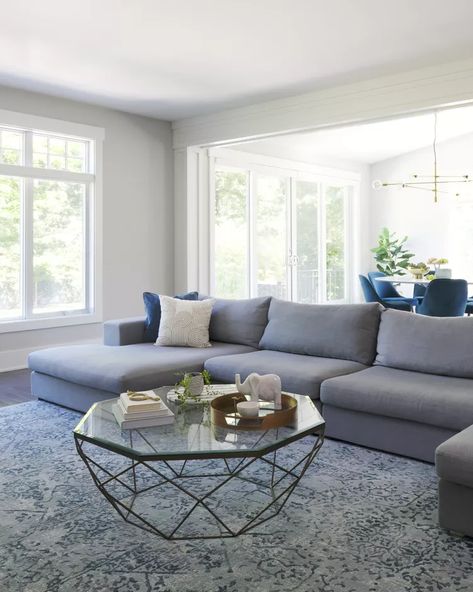 Light Blue Rugs In Living Room, Area Rug For Light Gray Couch, Blue Gray Brown Living Room Decorating Ideas, Blue Grey Rug Living Room, Blue Gray Rug Living Room, Blue Gray Sectional Living Room, Gray Couch With Blue Pillows, Gray White Blue Living Room, Living Room With Blue Rug