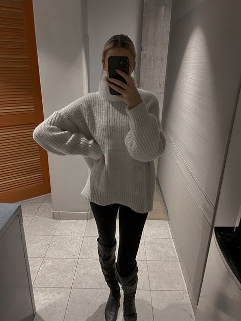 Winter office outfit - oversized wool knit sweater with leggings and knee high black boots Winter Office Outfit, Sweater With Leggings, Knee High Black Boots, Office Fits, High Black Boots, Winter Office, Oversized Knit Sweater, Wool Knit Sweater, Black Knee High Boots