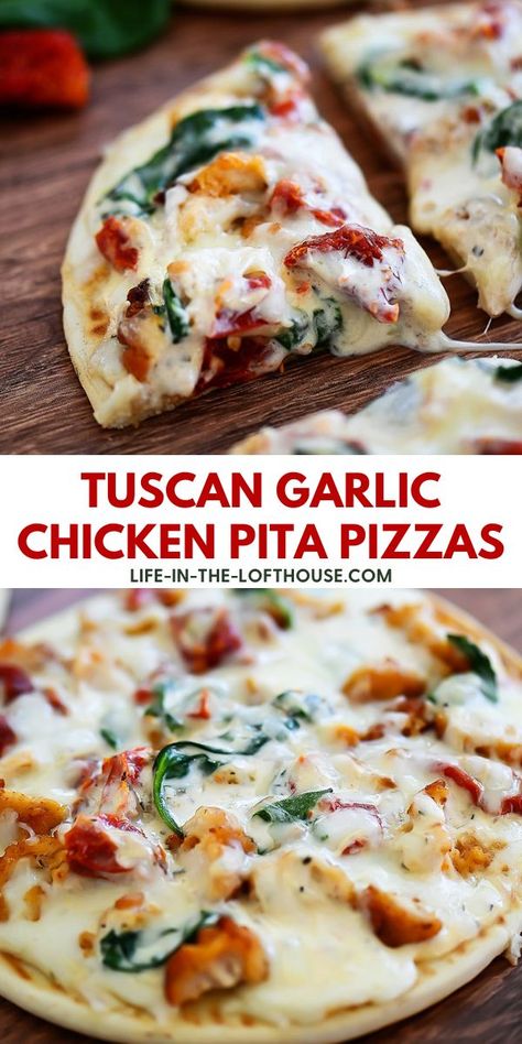 Personal Pizzas, Tomatoes And Cheese, Tuscan Garlic Chicken, Pita Pizzas, Chicken Pita, Tuscan Chicken, Pizza Recipes Homemade, Flatbread Pizza, Delicious Pizza