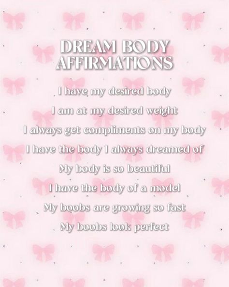 Made dream body affirmations while waiting for @billieeilish new album! 🎀 Follow @rorasubs for daily subliminals, manifestation, and affirmations ♡ #affirmations #manifestation #subliminals #rorasubs #affirming #manifesting #subs #iattract #idontchaseiattract #dreambody #dreambodyaffirmations Manifest Desired Appearance, Desired Body Manifest, Desired Face Affirmations, Water Affirmations, Body Affirmations, Subliminal Affirmations, Desired Face, Spirituality Affirmations, Dream Motivation