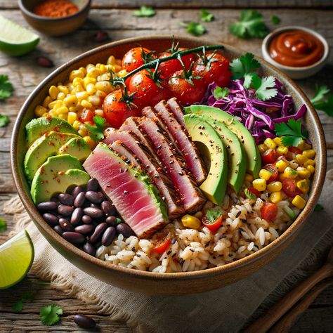 Cooking up Joy - Made with love: Seaside Fiesta: Seared Tuna Taco Bowl Tuna Steak Bowl Recipes, Tuna Tacos, Taco Bowl Recipe, Sushi Grade Tuna, Tuna Steak, Taco Bowl, Native Foods, Fresh Tuna, Seared Tuna