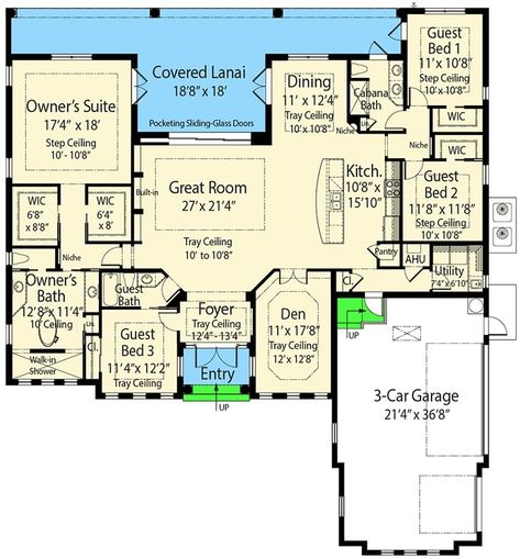 Main level floor plan of a single-story 4-bedroom Mediterranean home with a great room, a den, kitchen, dining area, utility, three guest rooms, and a master suite with access to the covered lanai. Dramatic Foyer, Single Story House Plans, Master Suite Floor Plan, Single Story House, Tuscan Style Homes, Transom Window, Tile Roof, Bedroom Suites, Mediterranean House Plans