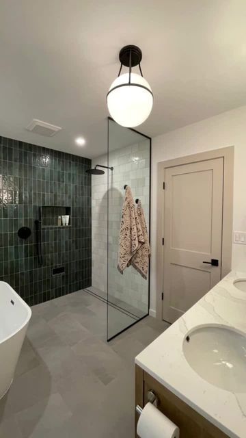 Bedrosian Chloe Green, Green Cloe Tile Bathroom, Green Tile Walk In Shower Ideas, Cloe Shower Tile, 5x5 Shower Master Bath, Green Tile Shower Bathroom, Floor To Ceiling Tile Bathroom, Bathtub In Shower Walk In, Ceiling Tiles Bathroom