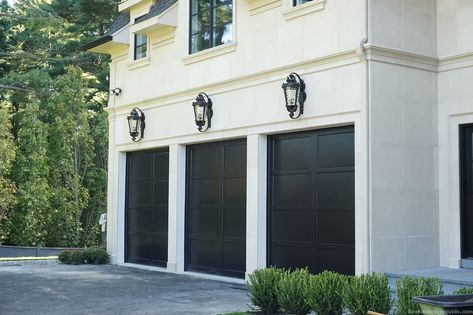 Designer Garage Doors Black Garage And Front Door, Classic Garage Doors, Fancy Garage Doors, European Garage Doors, Transitional Garage Doors, French Country Garage Doors, French Garage Doors, Luxury Garage Doors, Beautiful Garage Doors