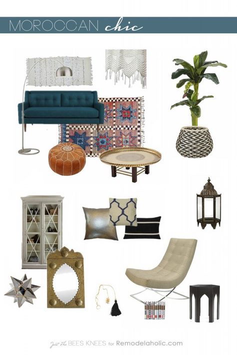 Moroccon Chic from Just The Bees Knees for remodelaholic.com #moodboard #moroccan #design #decor Moroccan Interiors Modern, Boho Moroccan Living Room, Modern Moroccan Decor, Moroccan Decor Bedroom, Moroccan Interior Design, Moroccan Style Interior, Moroccan Room, Blue Couch, Moroccan Bedroom