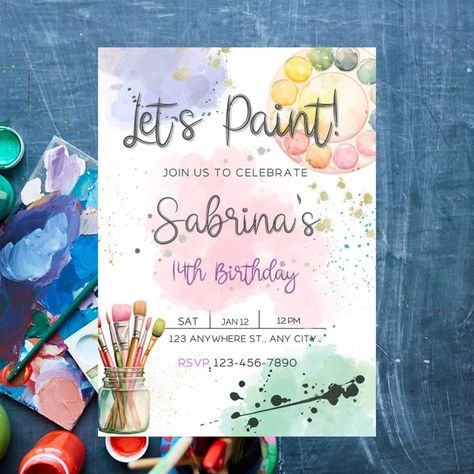 Art party invitation - Etsy Art Theme Birthday Party, Sage Party, Paint Birthday Party, Girls Art Party, Art Birthday Party Invitations, Art Themed Party, Ceramics Painting, Art Party Invitations, Painting Birthday Party