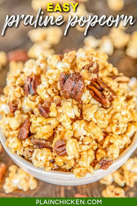 Praline Popcorn - Plain Chicken Cashew Crunch Recipe, Praline Popcorn, Best Caramel Popcorn, Pecan Popcorn, Chex Snack Mix, Homemade Caramel Popcorn, Popcorn Recipes Easy, Easy Popcorn, Popcorn Recipes Caramel