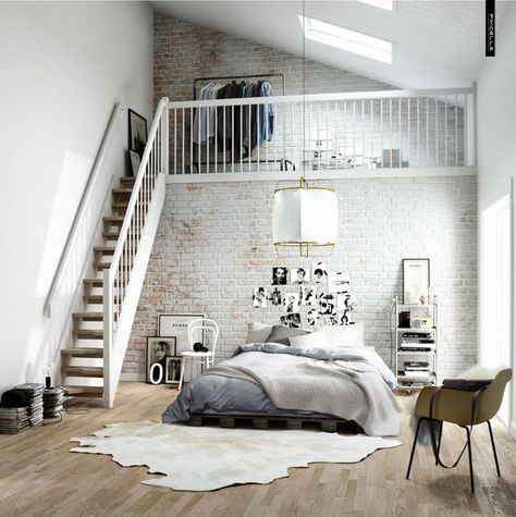 Scandanavian stairs CGI interiors project by Pikcells, via Behance Design Ložnic, Rug Diy, Interior Boho, Minimal Interior Design, Dekorasi Kamar Tidur, Wooden Floors, Loft Living, Brick Walls, Hus Inspiration