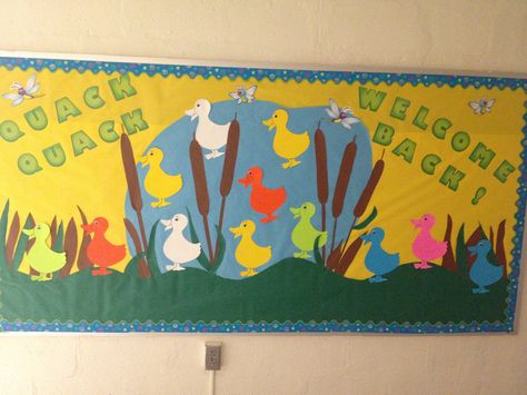 Quack Quack Welcome Back board Quack Quack Welcome Back, Quack Quack Welcome Back Bulletin Board, Welcome Back Board, Welcome Back Boards, Board Crafts, Library Bulletin Board, Classroom Doors, Slp Activities, Church Bulletin Boards