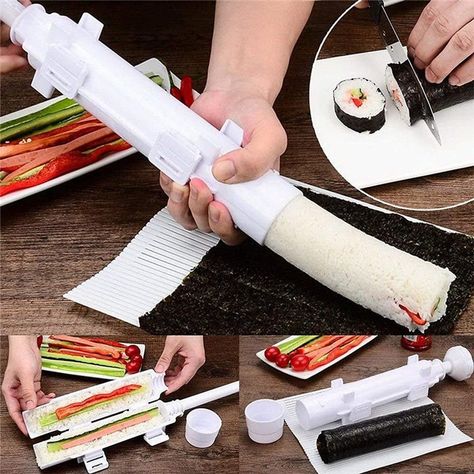 A super satisfying, dishwasher-safe sushi maker you just load up with rice and filling, then shoot out a perfect roll. Even culinary newbies can do it — it's not raw-cket science. Make Your Own Sushi, Gourmet Pancakes, Food Kit, Rice Mold, Sushi Mat, Pancake Batter Dispenser, Meat Rolls, Diy Sushi, Sushi Maker