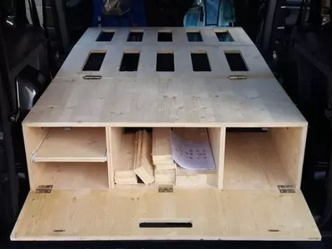 Make your own DIY camping box - BiberBox DIY manual (EN translation) 13 car camping - Nimblecamper.com Camping Box Ideas, Camper Bed Box, Camping Box Kitchen, Car Camping Bed Platform, Microcamper Berlingo, Camping Chuck Box, Mitsubishi Canter 4x4 Camper, Camper Box, Campervan Bed