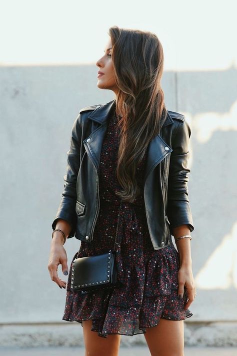 Dress And Leather Jacket, Black Leather Jacket Outfit, Andee Layne, Leather Jacket Dress, Outfit Chic, Leather Jacket Outfits, Black Leather Jacket, Style Women, Outfits Casuales