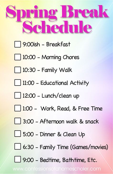 We don't follow this to the letter during breaks, but I thought some of you may find it helpful to have an overall schedule for when you're on break! Spring Break Schedule, Spring Break Ideas For Kids, Spring Break Activities For Kids, Spring Break Activities, Kids Summer Schedule, Morning Routine Chart, Screen Time Rules, Toddler Daycare, Cousin Camp