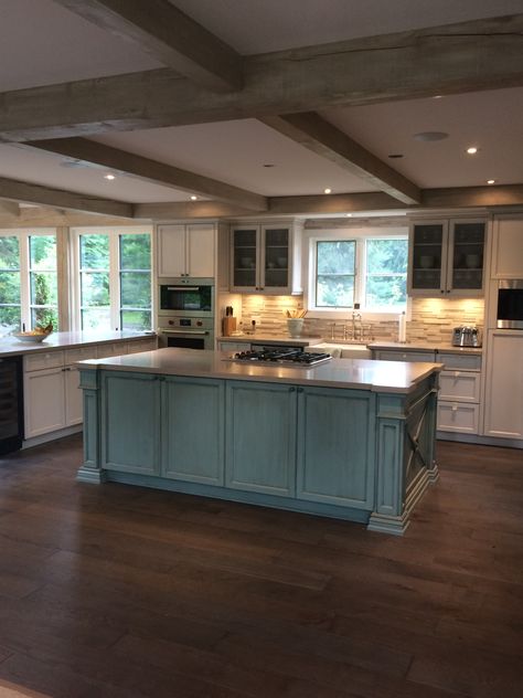 Aqua kitchen island island Aqua Kitchen Island, Turquoise Island Kitchen, Teal And White Kitchen, Gray Oak Floor, Painted Island, Aqua Kitchen, Aqua Decor, Coast House, Turquoise Kitchen