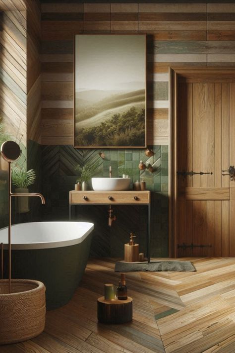 Connect with nature using this earthy green palette complemented by warm wood tones. A grounding experience for your bathroom. #EarthyBathroom #NaturalColors Forest Green House Interior, Brown And Green Bathroom Ideas, Small Earthy Bathroom, Earthy Bathroom Ideas Natural, Warm Earthy Color Palette, Earthy Bathroom Ideas, Earth Tone Bathroom, Nature Inspired Bathroom, Earthy Bathroom