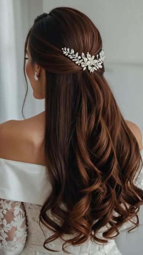 Elevate your bridal look with these stunning half up half down bridal hairstyles for long hair From easy and elegant Indian updo to elegant wedding updo veil crown and Pakistani black braid style ideas - find your perfect bridal hair inspiration here Discover boho bridal hairstyles that are both trendy and timeless Elegant Wedding Updo, Down Bridal Hairstyles, Black Braid Styles, Bridal Hairstyles For Long Hair, Half Up Half Down Bridal, Wedding Curls, Romantic Bridal Hair, Crown Braids, Romantic Braid